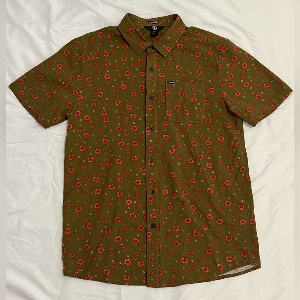 Volcom Psych Dot Army Green Short Sleeve Button Up Shirt men’s medium